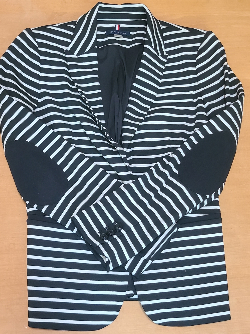 Tommy Hilfiger Black and White Striped Blazer with Elbow Patches